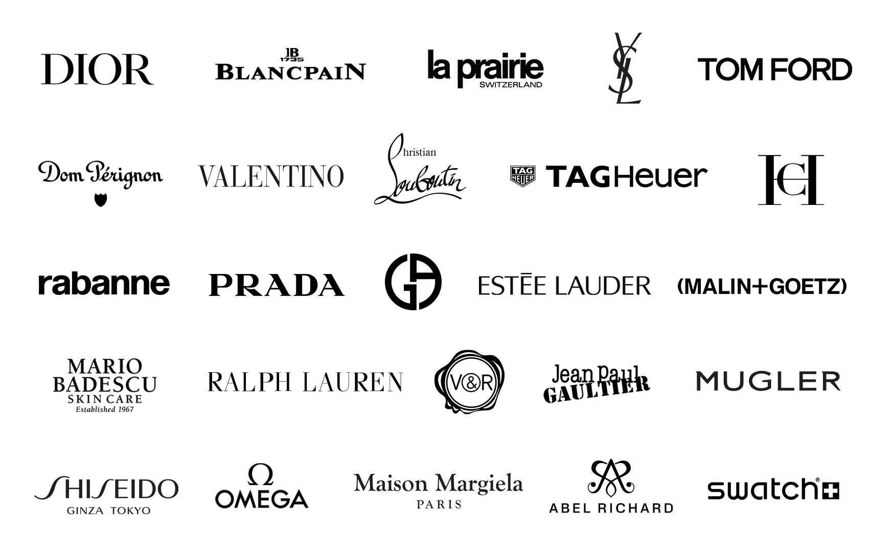 Manno Media client logos including Dior, Blancpain, La Prairie, YSL, Tom Ford, Valentino, Prada, and TAG Heuer