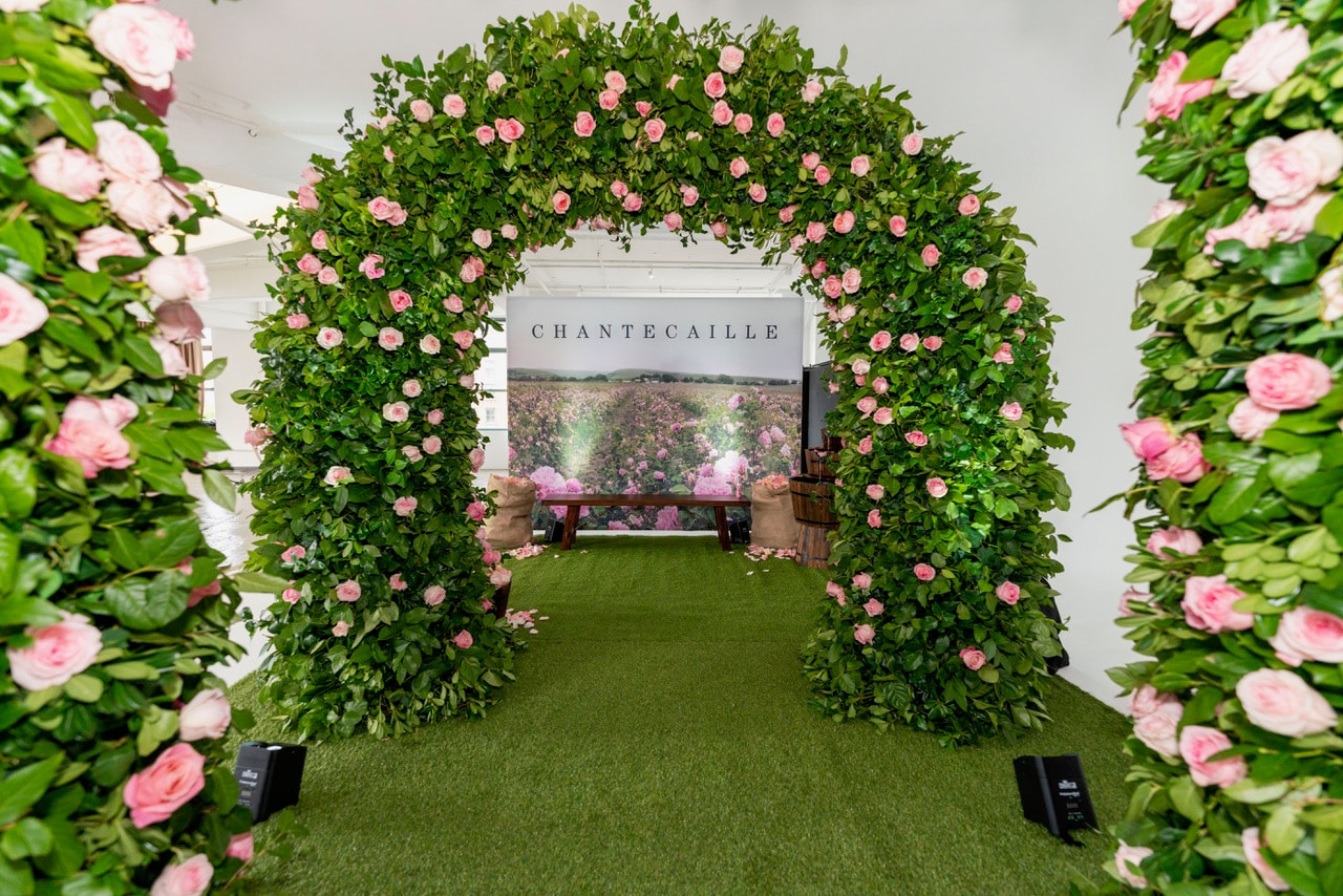 Pink rose floral archway exhibition display