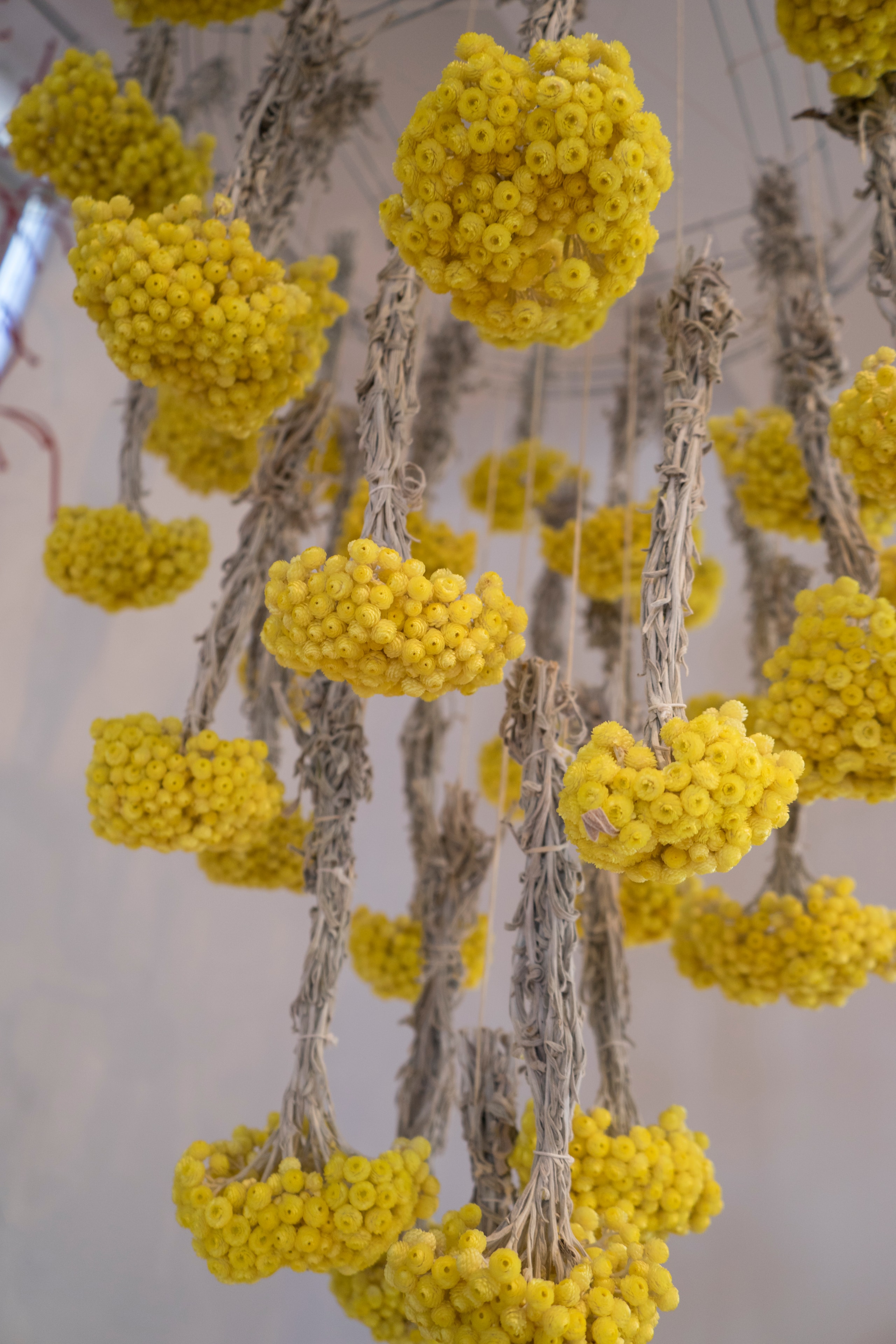 Hanging yellow floral event installation