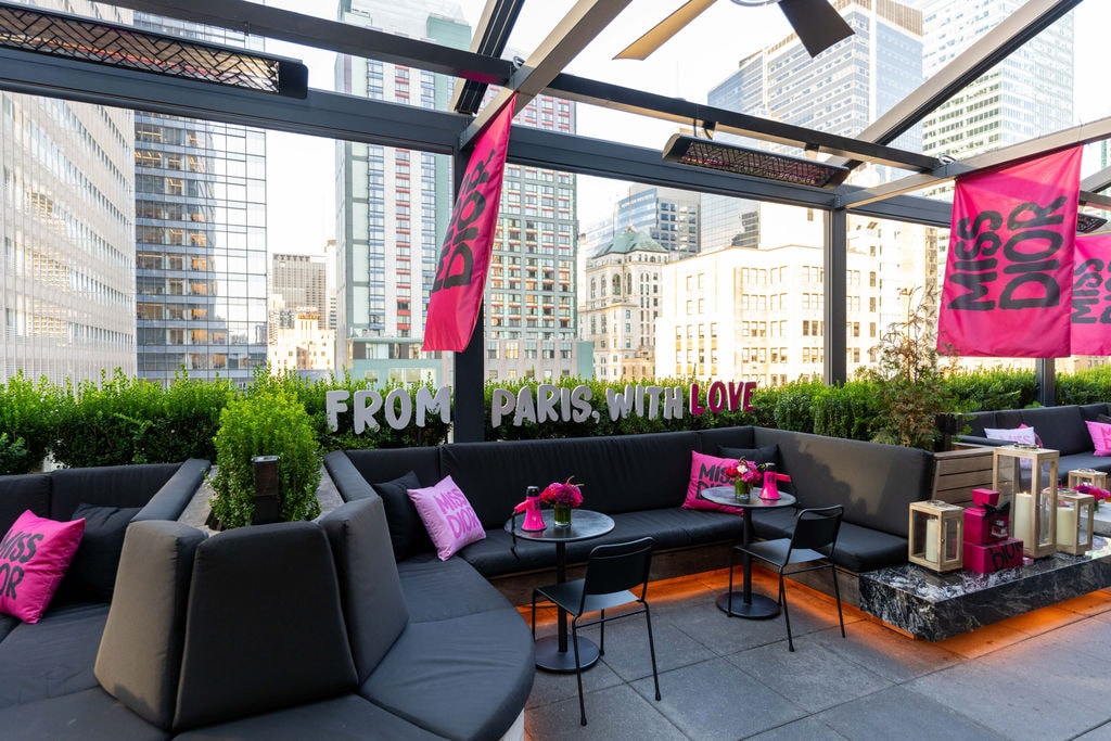 Rooftop lounge overlooking city skyline